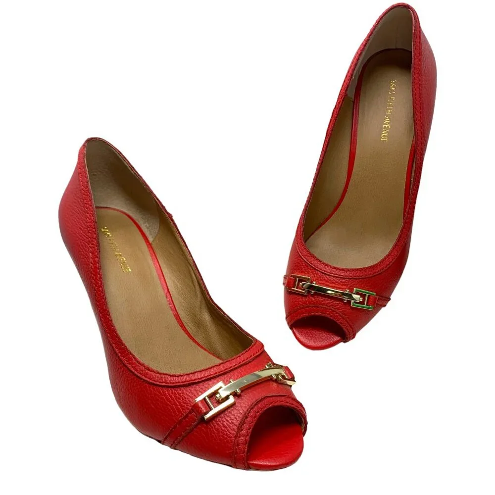 Saks Fifth Avenue‎ Coral Leather Horse Bit Peep Toe Wedge Pump